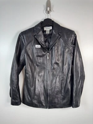 Chaqueta de motociclista de cuero de cordero con cremallera completa negra Alfani para mujer talla pequeña 18x25 Foto 1 de 4