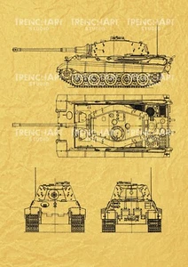 WWII Poster Tiger II deutscher schwerer Panzer Royal King Zeichnung Patent Druck Kunst Wand - Bild 1 von 8