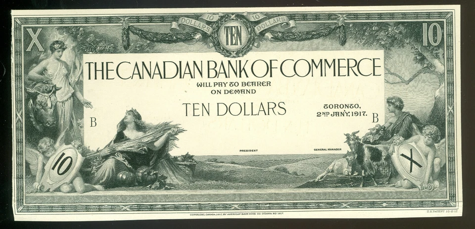 1917 CANADA BANK OF COMERCE $10 CAT#16-2-06 SPECIMEN PROOF CREASE BOTTOM * - Image 1 of 2