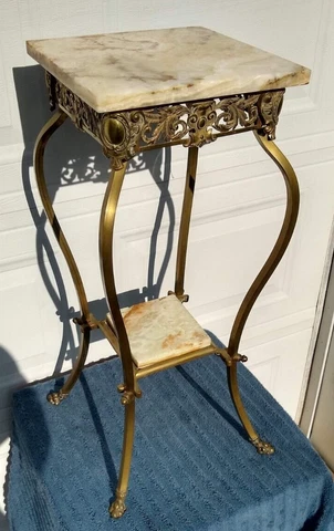 Victorian Brass Plant StandTable with Onyx Top and Ornate Brass Decorations Cover