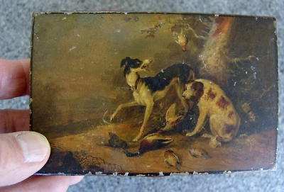 19. JHD. J. H. STOBWASSER BLECHDOSE MIT JAGTHUNDE MOTIV LUPENMALEREI - Bild 1 von 4