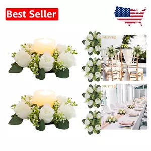 Lifelike White Fake Roses Candle Ring Wreaths - 6 Pcs, Ideal for All Occasions - Picture 1 of 9