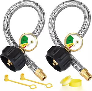 15" RV Propane Hose & Gauge 2 Pack Stainless Steel Braided 1/4" NPT & QCC Type1 - Picture 1 of 7