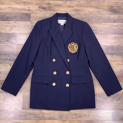 Ellen Tracy Blazer Women 8 Navy Blue Wool Gold Button Crest Double Breast Jacket - Image 1 of 4