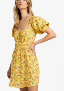 BILLABONG Large DARE TO BARE Yellow Floral Mini Dress 100% Cotton New - Picture 1 of 12