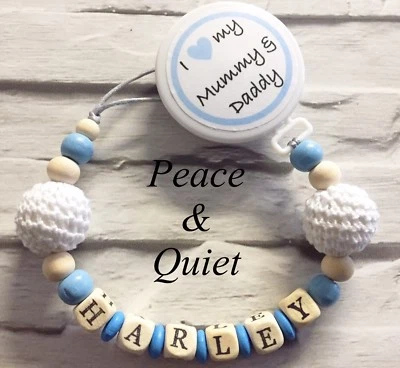 PEACE & QUIET Personalised Wooden Dummy Clip💙love My Mummy And Daddy💙Chain💙Blue💙boy #BWP