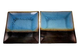 Gibson Elite Kaidence Blue Brown Square 7.75" Salad Plates Set Of 2 Ceramic - Picture 1 of 7