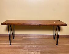 Vintage Mid Century Modern Wood Bench Table Iron Hairpin Legs Plant Stand Riser