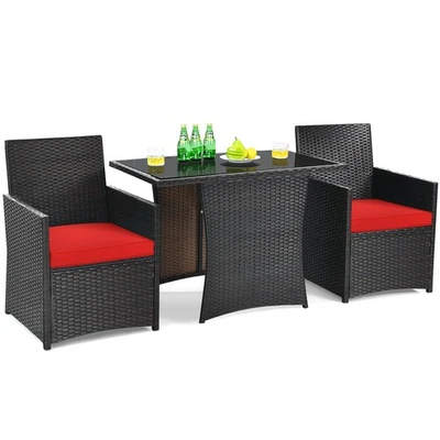 Juego de muebles de ratán Patiojoy Patio 3 piezas cojín sofá reposabrazos jardín terraza rojo Foto 1 de 4