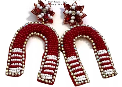 Brincos da sorte ferraduras universitárias Alabama maré carmesim vermelho branco miçangas cristal - Imagem 1 de 4