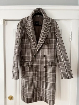 Express Men’s Double Breasted Wool Topcoat Brown Grey Glenplaid Small Medium - Image 1 of 4