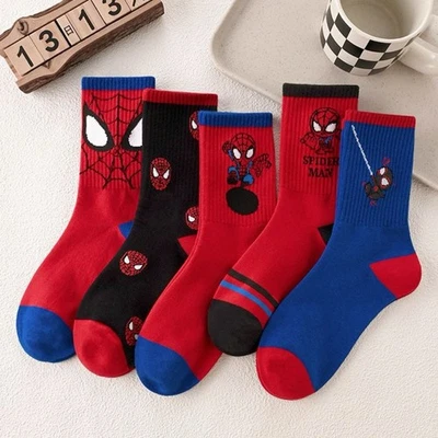 5 Pairs Cartoon Spiderman Boys Girls Socks Casual Comfortable Cotton Crew Socks - Image 1 of 3