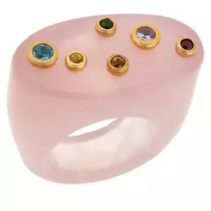 Anello in argento con sigillo superiore piatto stile gioielli quarzo rosa e pietre preziose Meher's - Foto 1 di 2