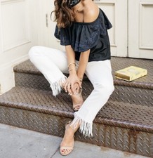 3x1 Denim Fringed Straight Cropped Jeans In Bianca in White Size 32 Denim