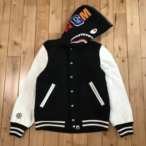 BAPE Aoyama limited Leather sleeve shark hoodie varsity jacket APE Size S - Picture 1 of 9