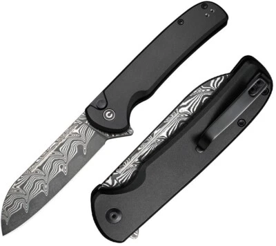 Civivi Chevalier Folding Knife 3.50" Damascus Steel Blade Black Aluminum Handle - Image 1 of 4