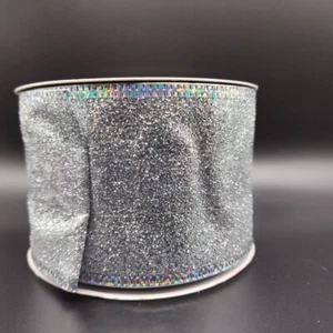 Silver Glitter Holographic Edging Trim Wired Ribbon 2.5" x 20' Bow Making - Afbeelding 1 van 6