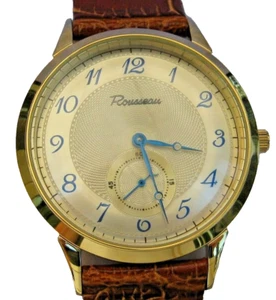 NEW ROUSSEAU VIVACE MECHANICAL WATCH GOLD DIAL LEATHER ANALOG - Picture 1 of 11