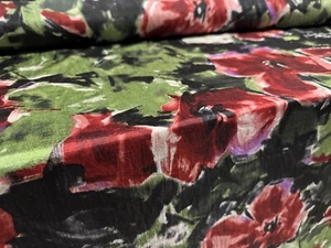 Taffeta Faux Silk Fabric, Per Metre - Poppy Flower Print - Red Black & Green - Picture 1 of 4