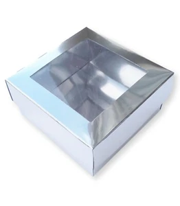 10 SILVER 3 x 3 INCH BOXES WITH WINDOW LID, GIFTS, CAKES, BROWNIES, 8CM / 80MM - Picture 1 of 3