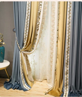 French classical blue thick velvet cloth blackout curtain tulle drape C1401 - Image 1 of 4