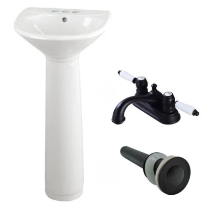Fregadero de pedestal pequeño blanco Renovators Supply con grifo y desagüe negro de 4" Foto 1 de 4