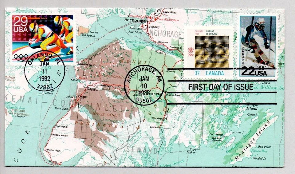 #2615 BOBSLEDDING #2369 WINTER OLYMPIC SKIING, ANCHORAGE ALASKA, COMBO STAMP FDC - Image 1 of 1