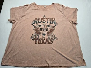 Cato Austin Texas Graphic T-Shirt 26/28W Lace-Up Shoulder Cotton Blend Beige - Picture 1 of 6