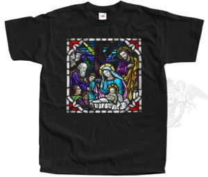 Catholic T-shirt Christ's Nativity Christmas Jesus Our Lady Stained Glass Tee - Picture 1 of 2