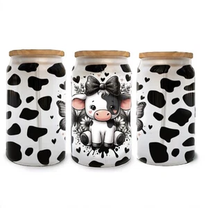 Cow Print Glass Cup | Iced Coffee Glass Cup | Trendy Pattern Glass Cup 16 OZ - Picture 1 of 1