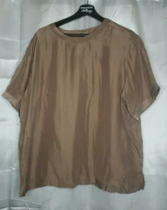 Willow Ridge Plus Size 1X Silk Top Beige Brown Short Sleeve Vintage Shoulder Pad - Picture 1 of 12
