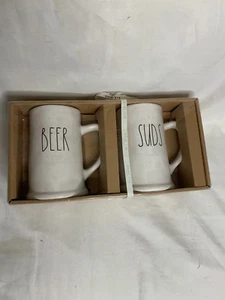 RAE DUNN ‘BEER’ and ‘SUDS’ Black Ceramic Steins Pint Size Mugs Gift Set - Picture 1 of 2