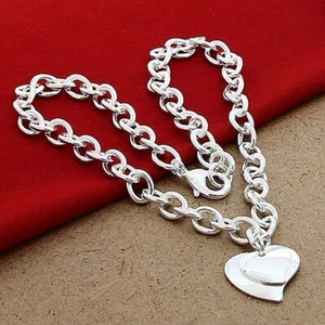 Eternal Love 925 Sterling Silver Double Heart Love Chain Necklaces Charm Jewelry - Picture 1 of 3