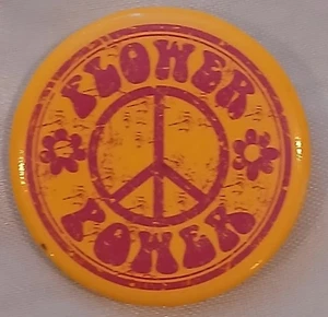 Flower Power button Pink & Yellow 1960s Hippie Counterculture Love Peace pinback - Picture 1 of 2