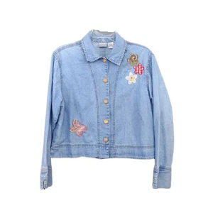 Giacca denim vintage anni 90 bottoni davanti fiori sbiaditi ricamati blu bayou piccola - Foto 1 di 11