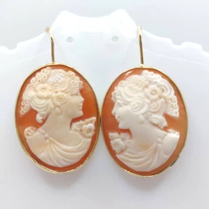 Classic Woman’s Profile Cameo Earrings – Hand-Carved, Gold-Plated Silver, Hook - Picture 1 of 10