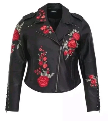 TORRID SZ M/L (10/00) BLACK FAUX LEATHER FLORAL APPLIQUE & STUDDED MOTO JACKET - Image 1 of 4