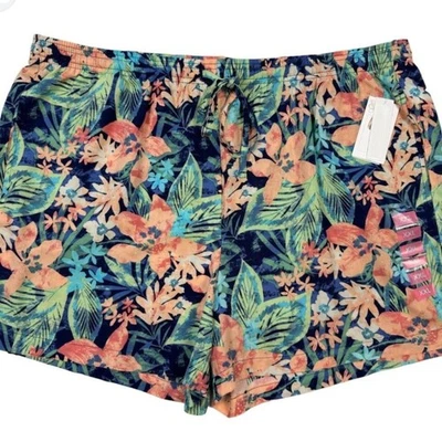 Pantalones Cortos Jessica Simpson Cintura Alta Naranja Verde Tropical Floral Elástico - Talla XL Foto 1 de 4