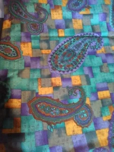 #109 SILK CASHMERE PURPLE GREEN GOLD PAISLEY PRINT CHALLIS 34″ x 54″ - Picture 1 of 2