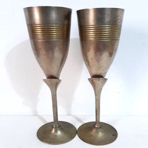 Vintage Silver Champagne Flutes Set Of 2 Brass Plated Flute Wine Goblets 6" Tall - Picture 1 of 17