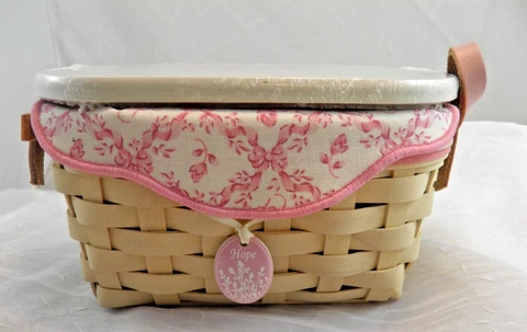 Longaberger Horizon of Hope 2005 White Washed Basket w/Lid Linen Liner Charm Cover