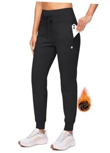 Women's Fleece Lined Joggers High Waisted Water Resistant Thermal Medium Black - Picture 1 of 7