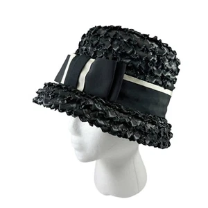 Valerie Modes Black Bucket or Lampshade Hat Straw Raffia Nylon Vintage 1960s - Picture 1 of 7