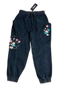 Niepce Denim Flowers Of Peace Jogger Pant Streetwear Embroidery Size S Black NWT - Picture 1 of 9