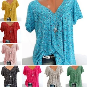 Loose Blouse Tops Plus Size Ladies Casual V Neck Tee Womens Short Sleeve T Shirt - Picture 1 of 13