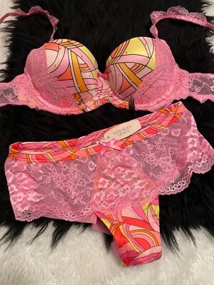 Vtg 2011 VICTORIA'S SECRET Satin Rhinestone Bra Panty Set Lot 34B/Small Pink - Image 1 of 4