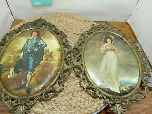 Imágenes enmarcadas vintage en tela satinada azul niño y niña rosa marcos de metal hechos - Imagen 1 de 12