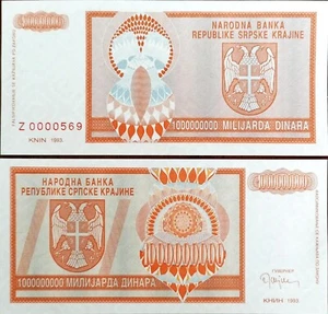 Serbia Bosnia Crotia Kraine 1000000000 Dinara Prefijo Z 1993 Repuesto Unc - Imagen 1 de 1