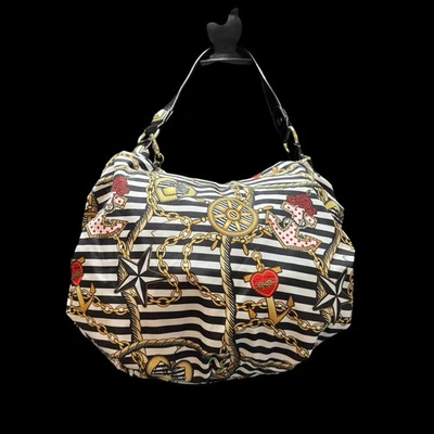 Bolso de Hombro Betsey Johnson Anchors Náutico Negro Blanco Rayas Hobo Bag Foto 1 de 4