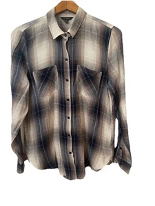Lucky Brand Flannel Shirt Women's Size M Yellow Brown Plaid Long Sleeve Pocket - Picture 1 of 7